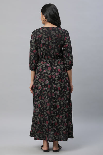 Black Floral Printed Gathered Dress