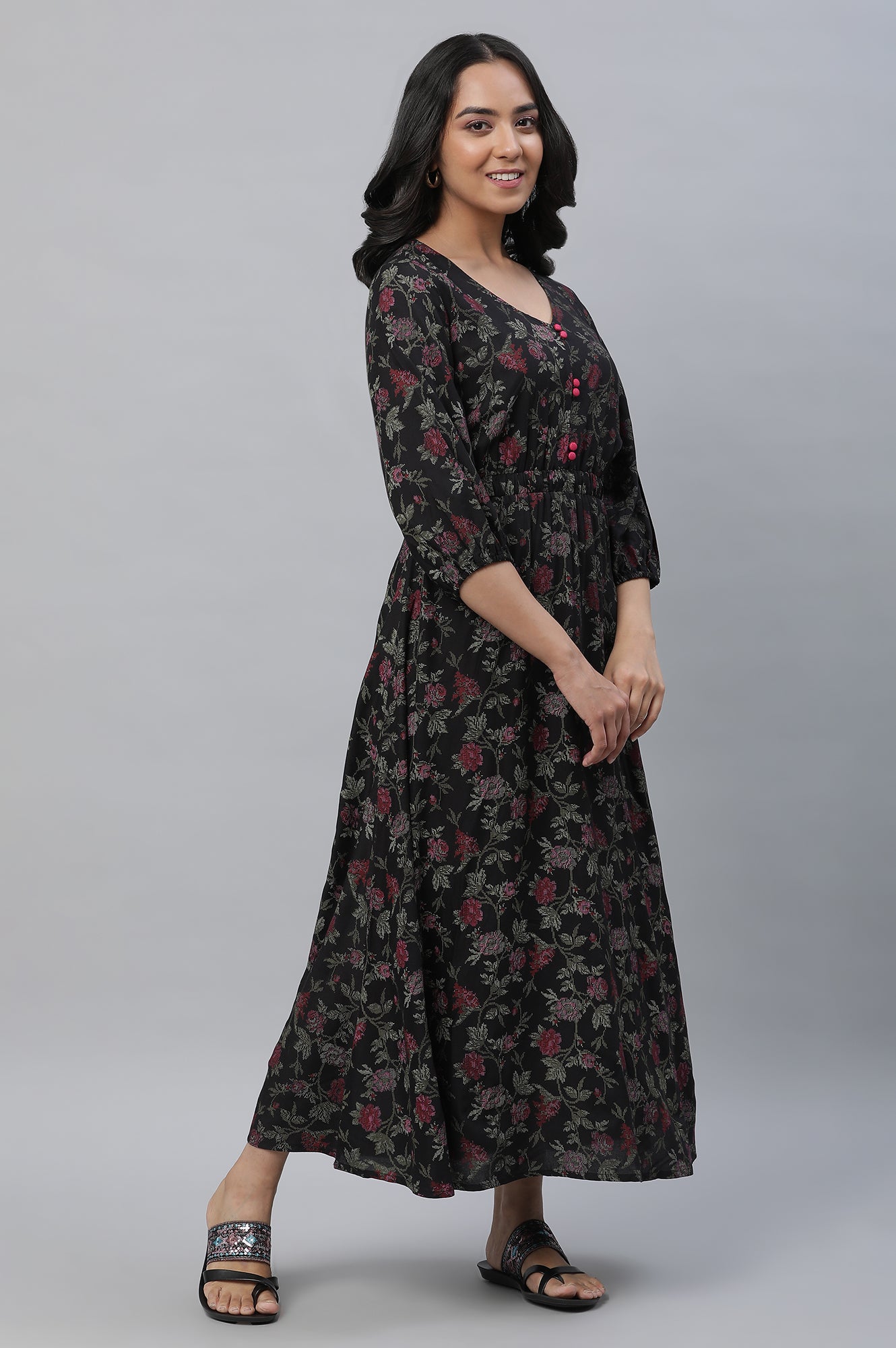 Black Floral Printed Gathered Dress