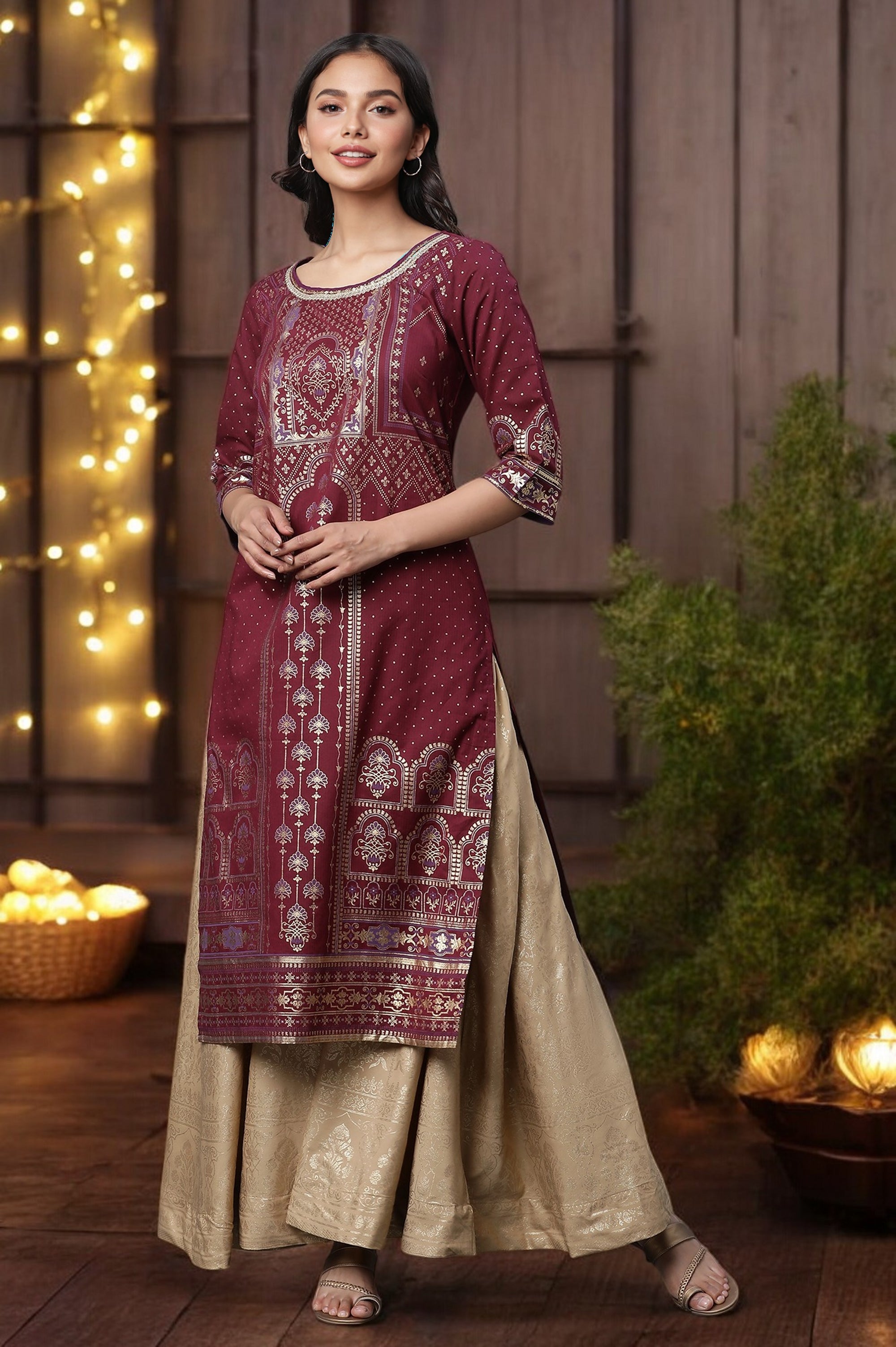 Maroon Foil Printed Kurta with Sequin Detailing