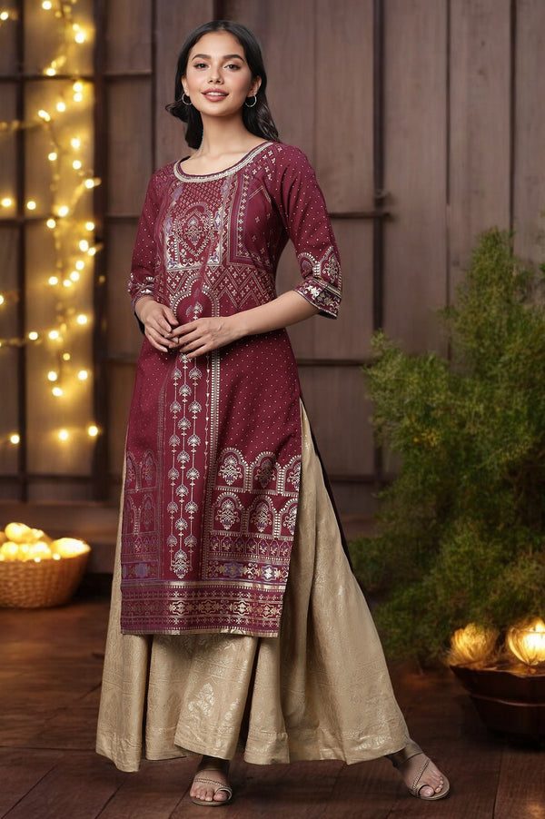 Maroon Foil Printed Straight Kurta with Sequin Detailing