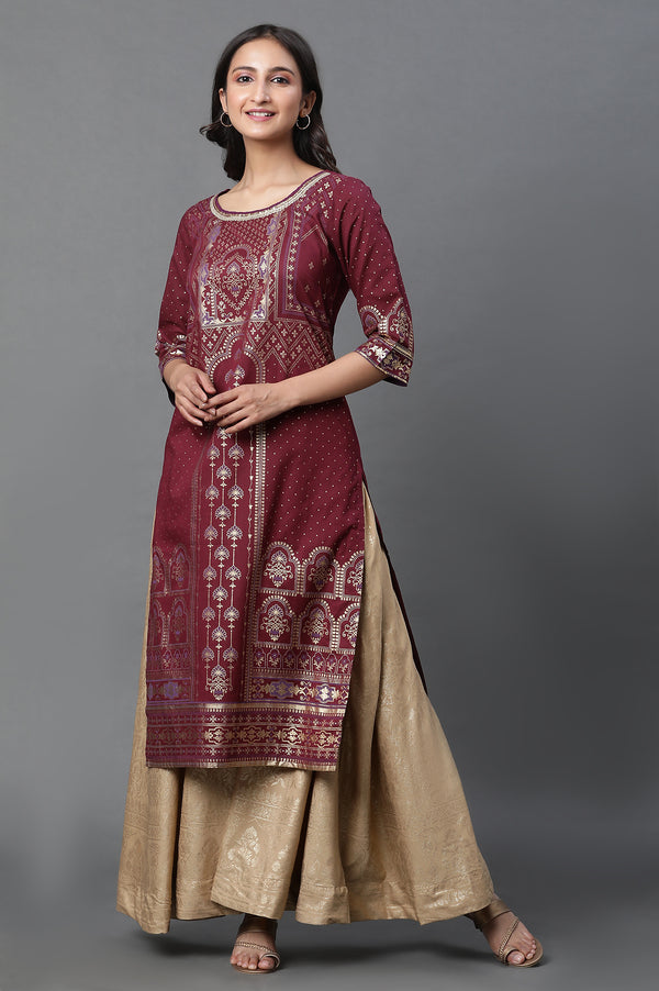 Maroon Foil Printed Straight Kurta with Sequin Detailing