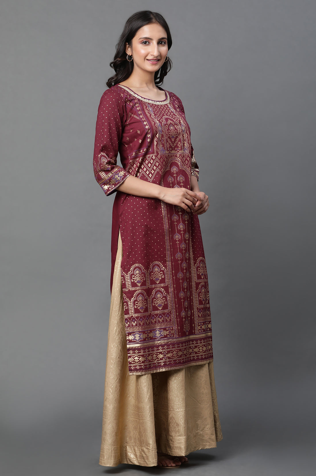 Maroon Foil Printed Straight Kurta with Sequin Detailing