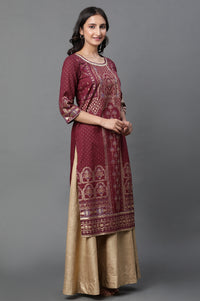 Maroon Printed Foil Print Sequined Straight Cotton Kurta