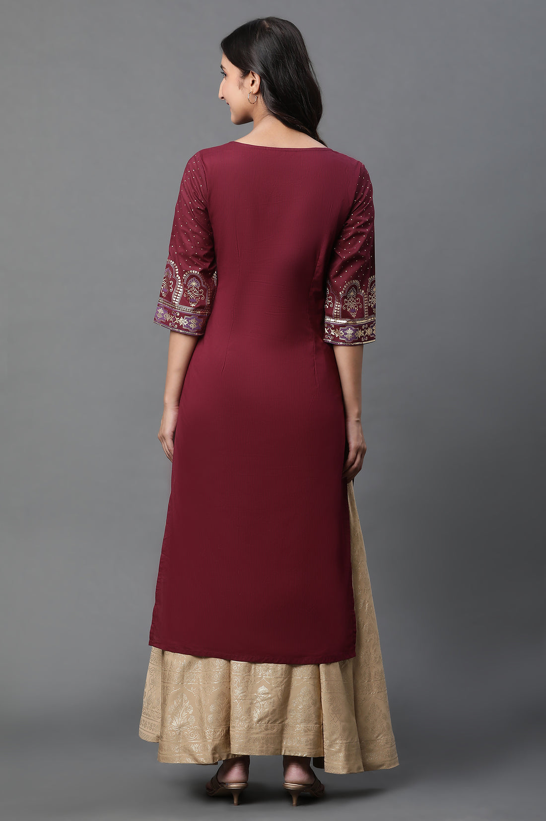Maroon Foil Printed Straight Kurta with Sequin Detailing