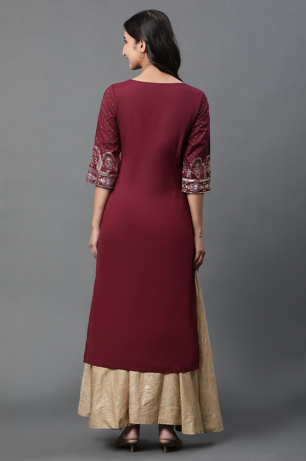 Maroon Foil Printed Straight Kurta with Sequin Detailing