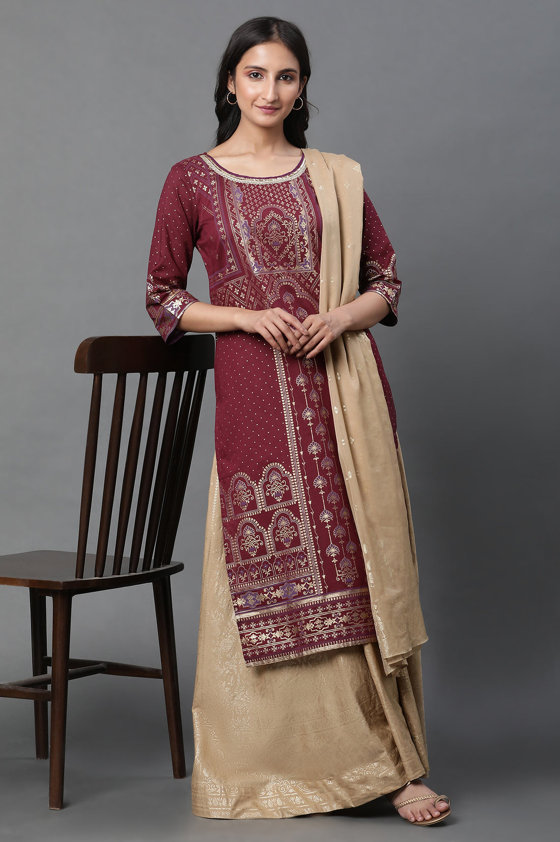 Maroon Foil Printed Straight Kurta with Sequin Detailing
