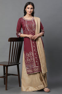 Maroon Printed Foil Print Sequined Straight Cotton Kurta