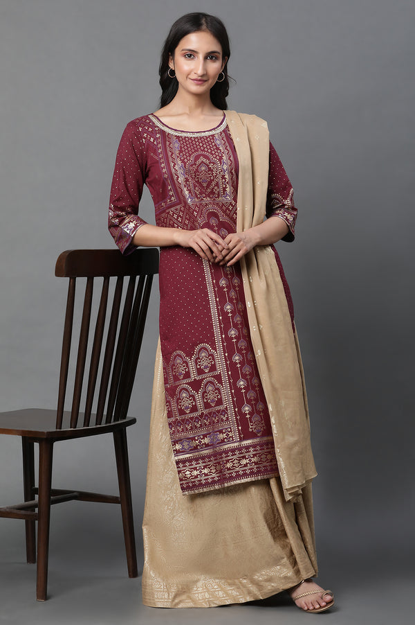 Maroon Printed Foil Print Sequined Straight Cotton Kurta