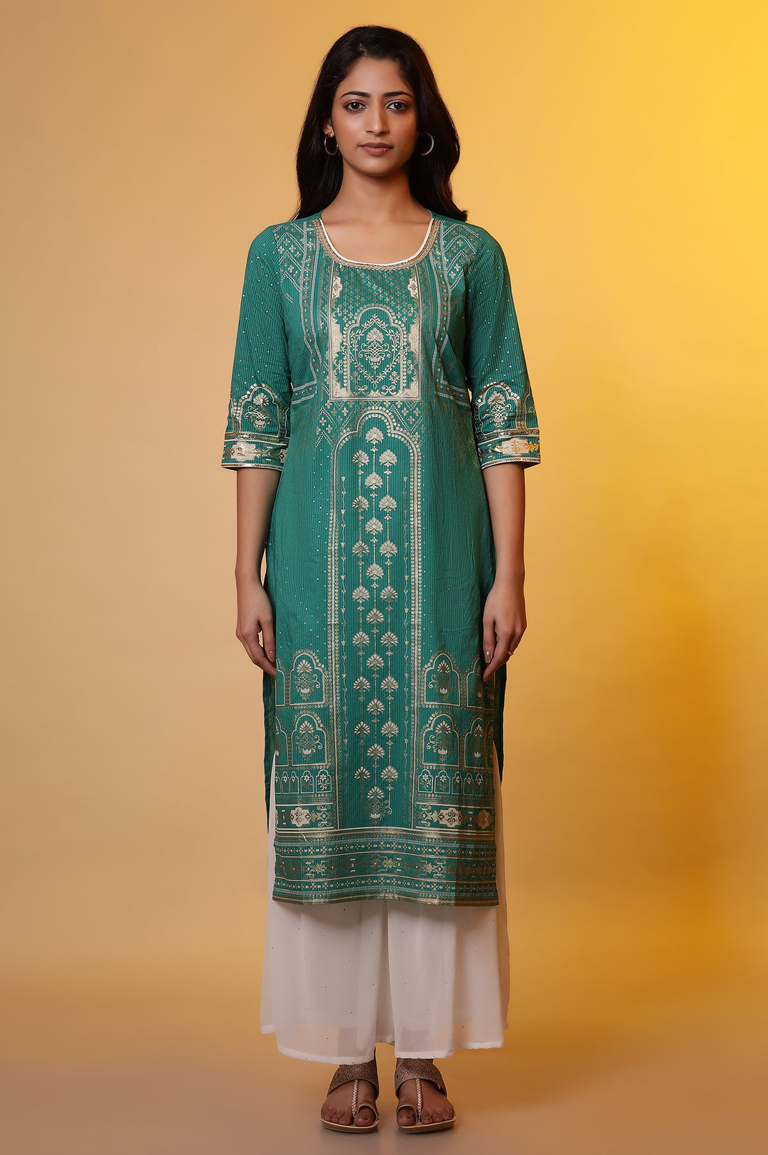 Green Printed Foil Print Sequined Straight Cotton Kurta