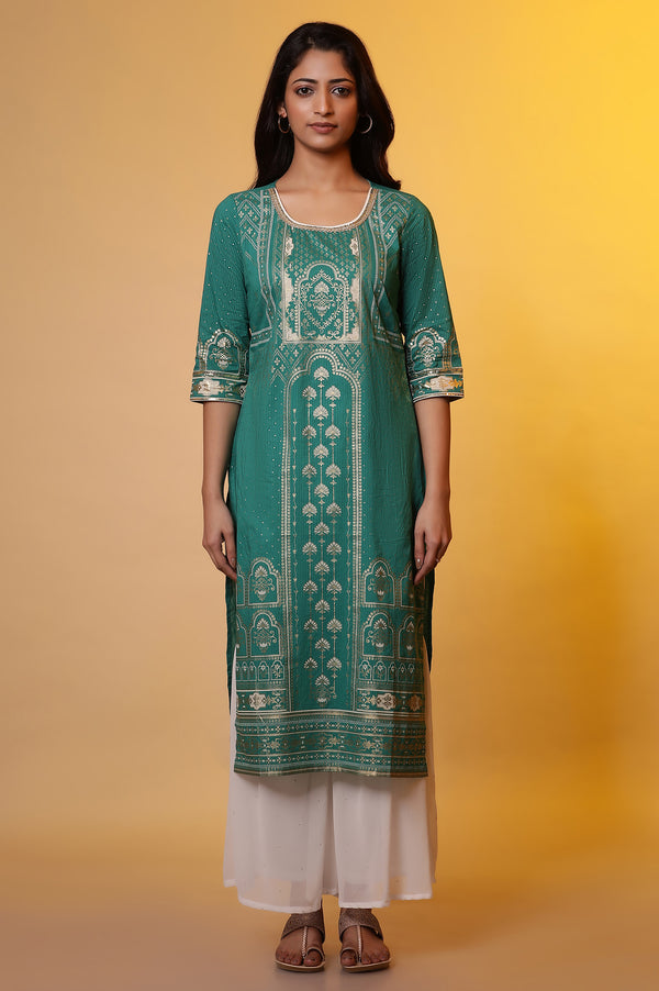 Green Printed Foil Print Sequined Straight Cotton Kurta