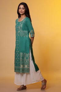 Green Printed Foil Print Sequined Straight Cotton Kurta