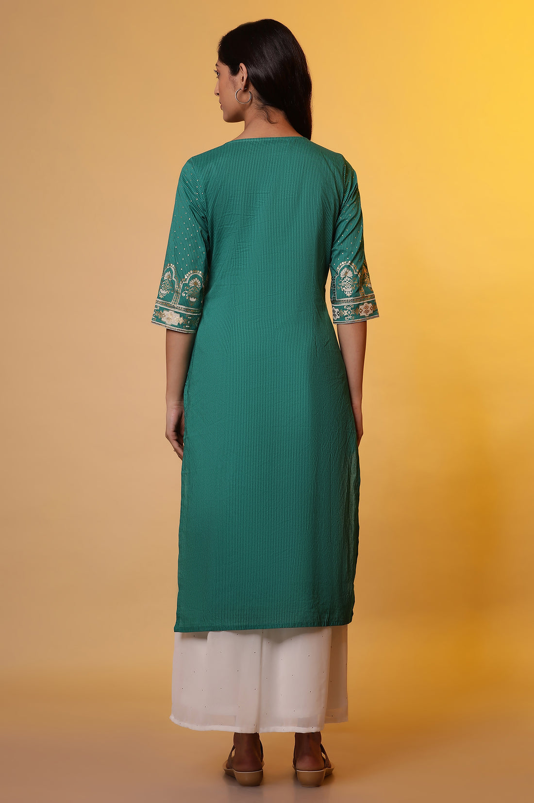 Green Printed Foil Print Sequined Straight Cotton Kurta