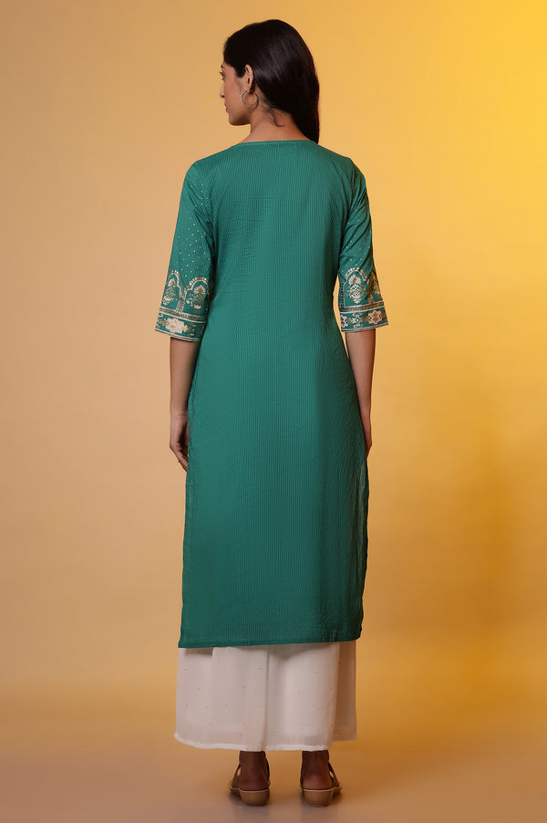 Green Printed Foil Print Sequined Straight Cotton Kurta