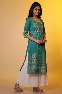 Green Printed Foil Print Sequined Straight Cotton Kurta