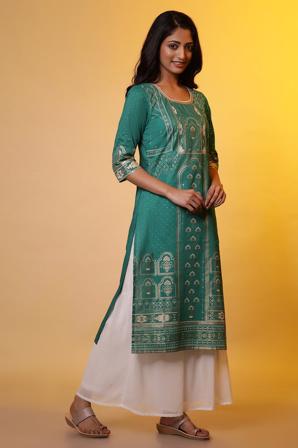 Green Printed Foil Print Sequined Straight Cotton Kurta