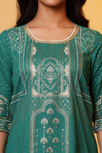 Green Printed Foil Print Sequined Straight Cotton Kurta