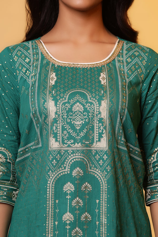 Green Printed Foil Print Sequined Straight Cotton Kurta