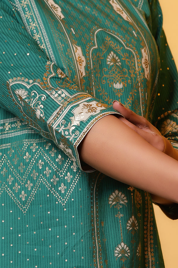 Green Printed Foil Print Sequined Straight Cotton Kurta