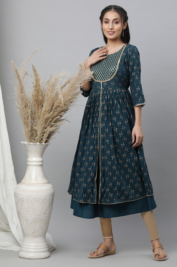 Green Heavy Yoke Embroidered Flared Festive Kurta