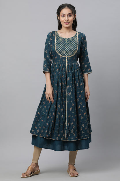 Green Heavy Yoke Embroidered Flared Kurta