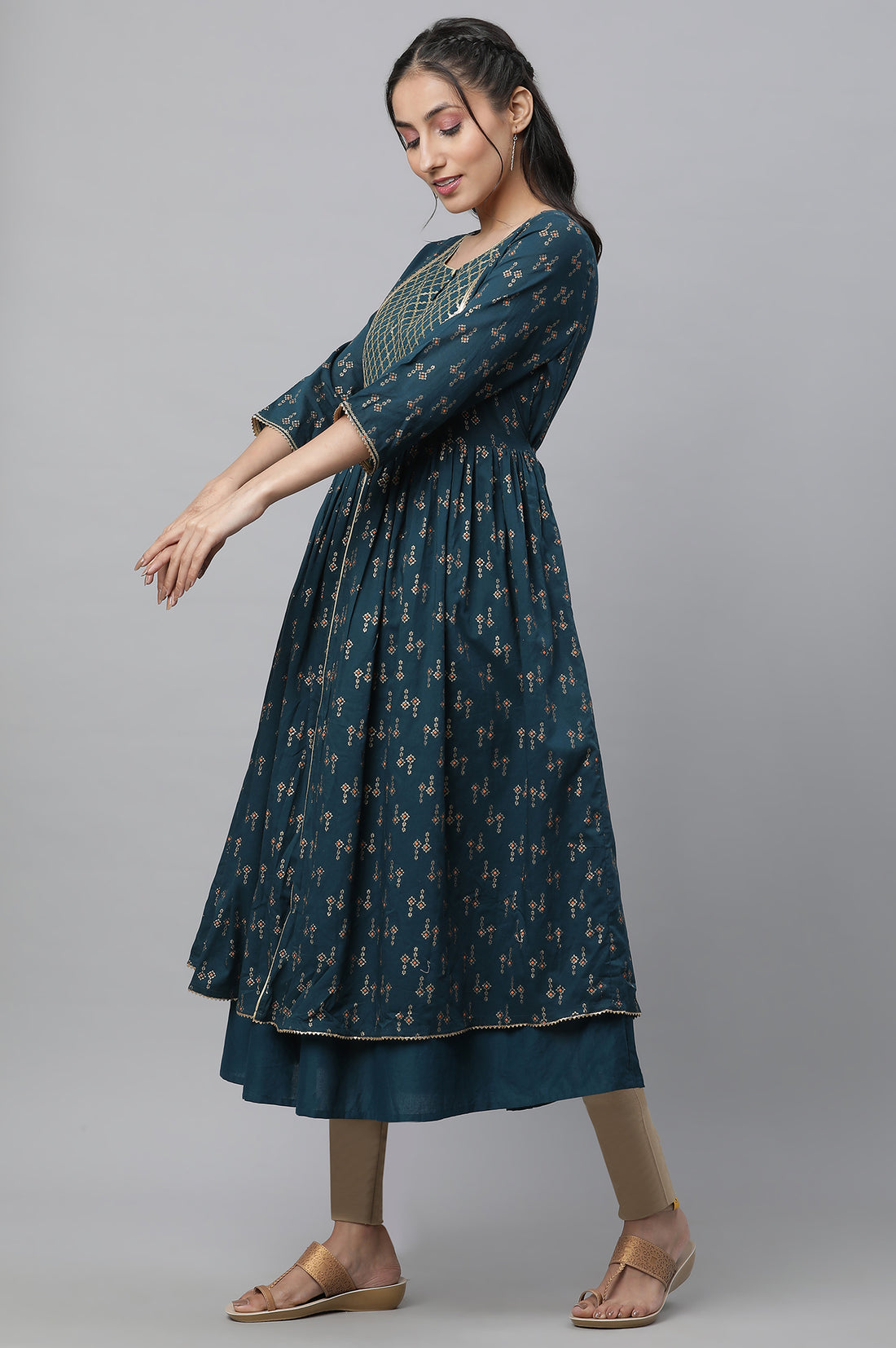 Green Heavy Yoke Embroidered Flared Festive Kurta