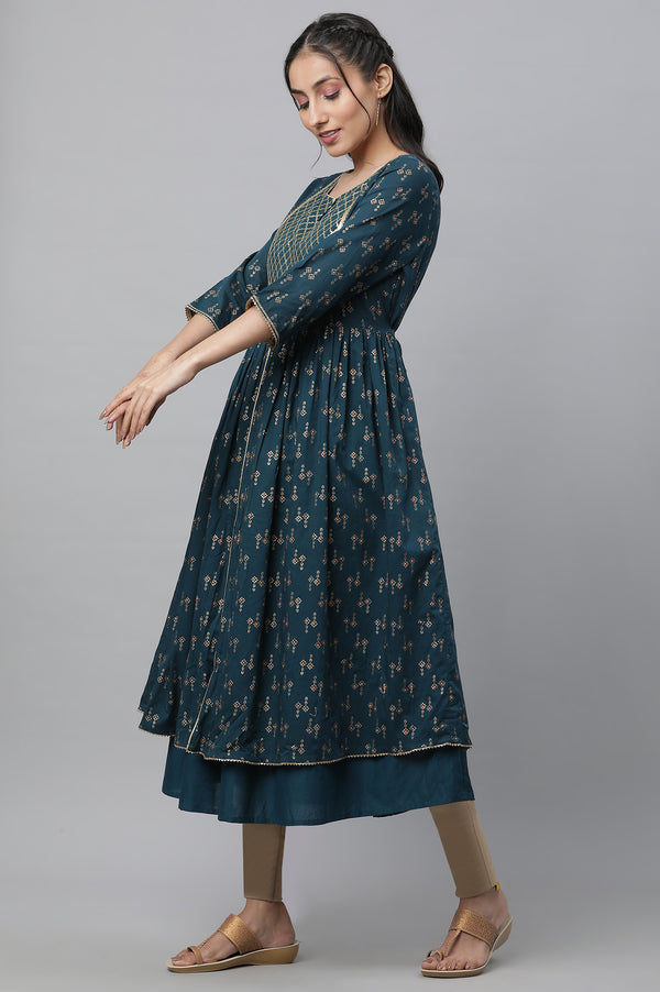 Green Heavy Yoke Embroidered Flared Festive Kurta