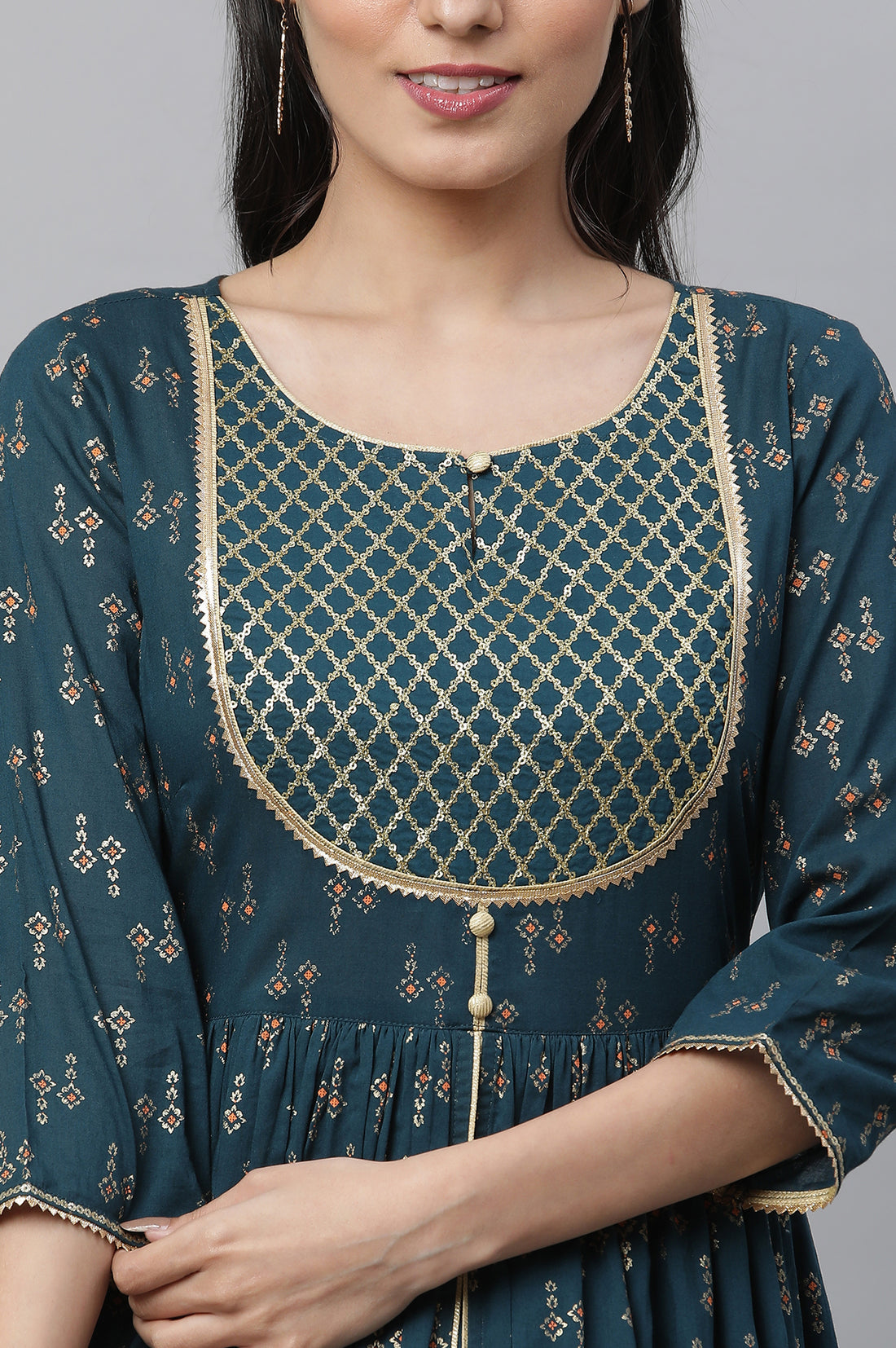 Green Heavy Yoke Embroidered Flared Festive Kurta