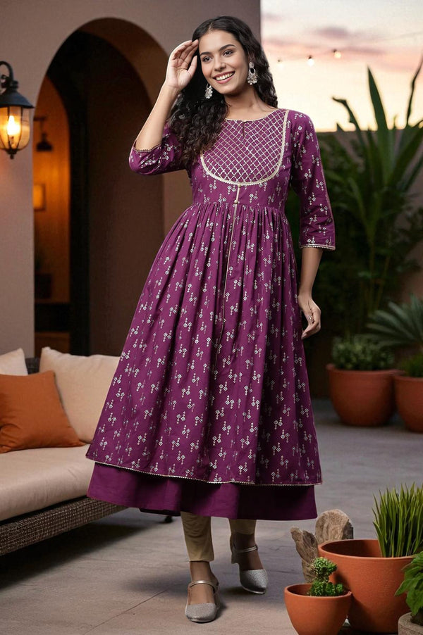 Purple Heavy Yoke Embroidered Flared Festive Kurta