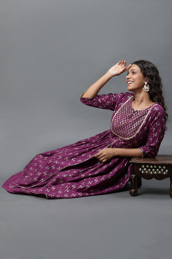 Purple Heavy Yoke Embroidered Flared Festive Kurta