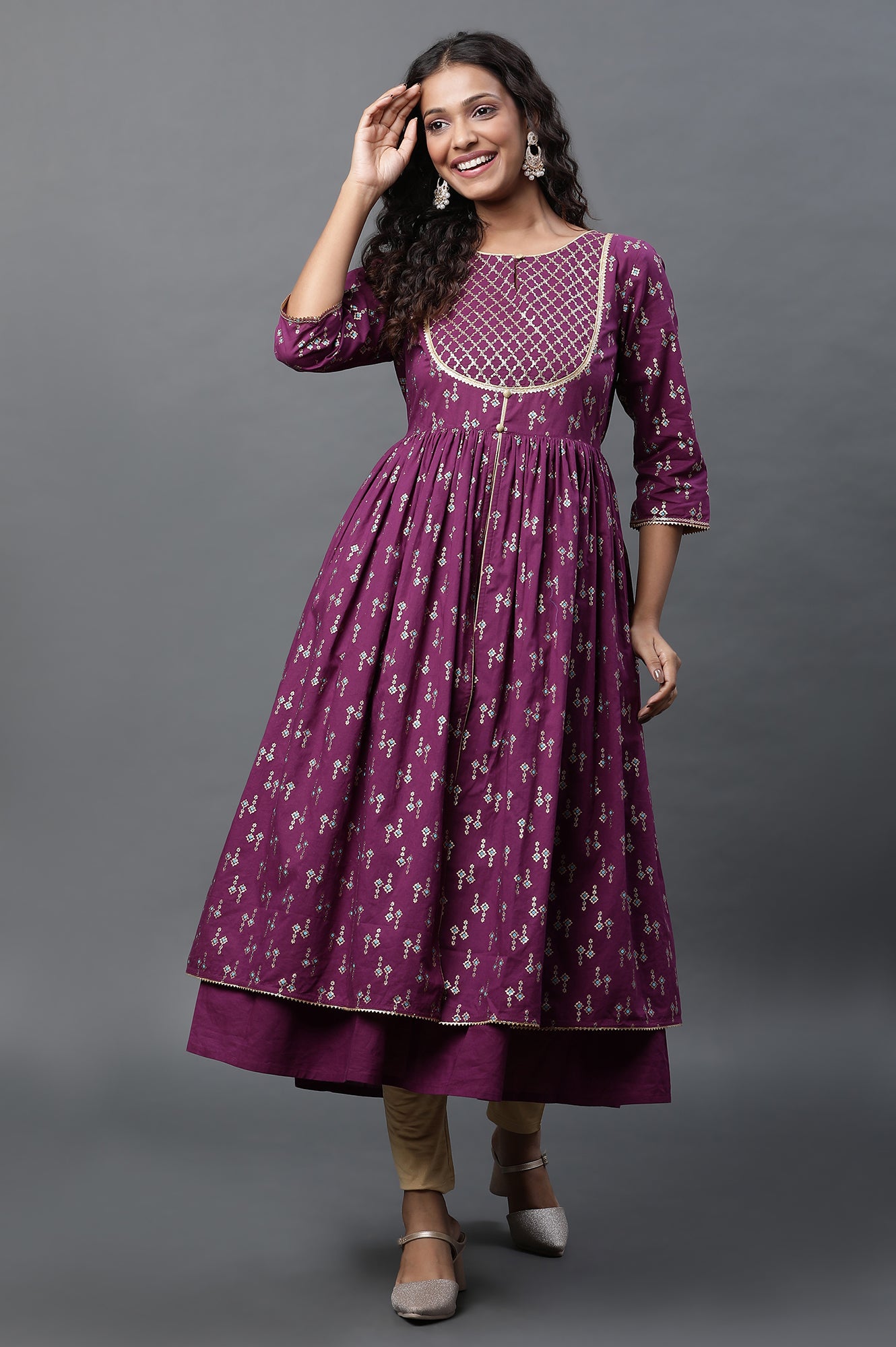 Purple Heavy Yoke Embroidered Flared Kurta