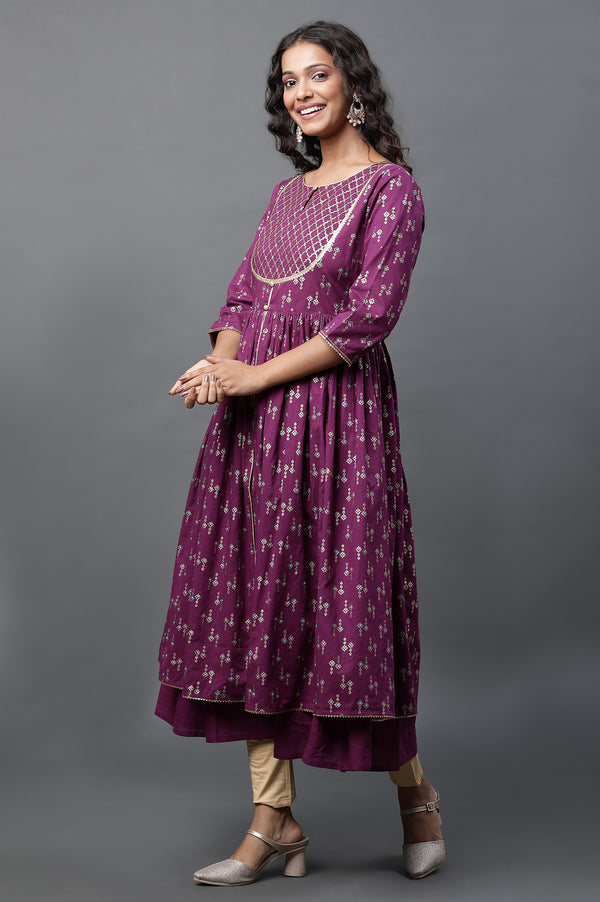 Purple Heavy Yoke Embroidered Flared Festive Kurta