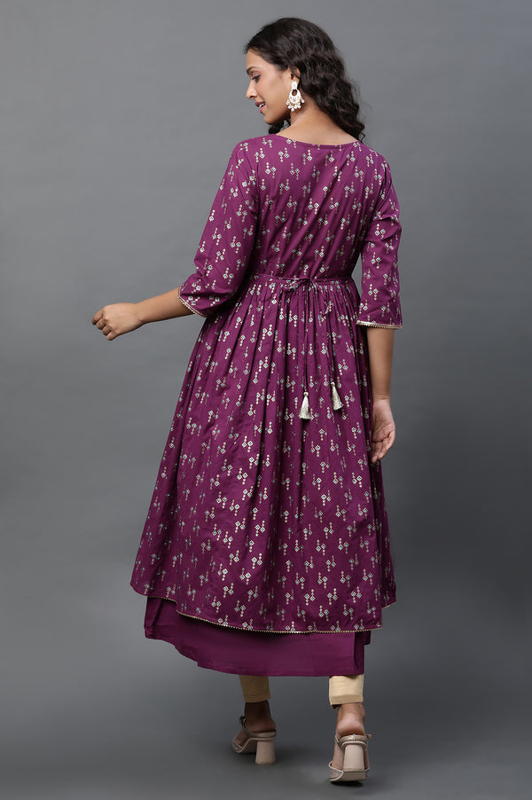 Purple Heavy Yoke Embroidered Flared Festive Kurta