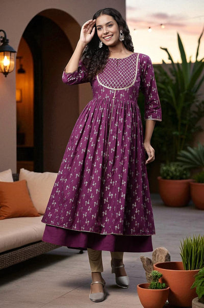 Purple Heavy Yoke Embroidered Flared Kurta