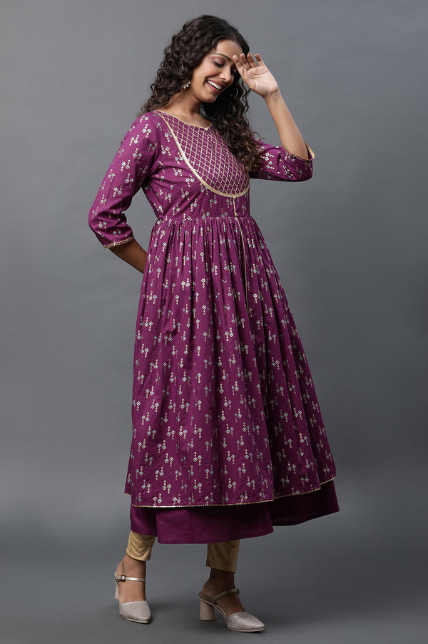 Purple Heavy Yoke Embroidered Flared Festive Kurta
