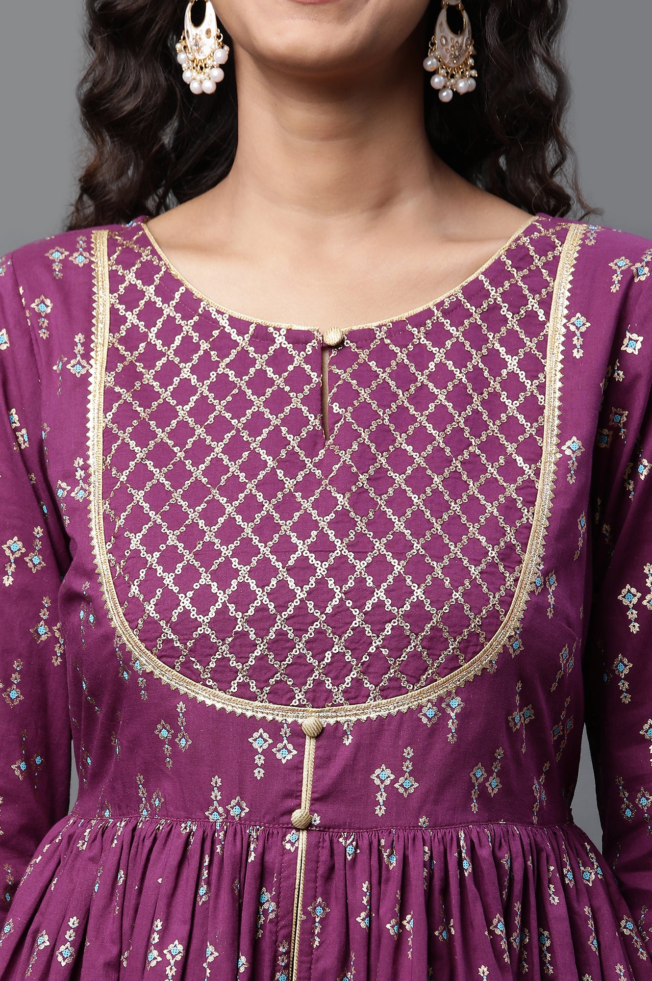 Purple Heavy Yoke Embroidered Flared Kurta