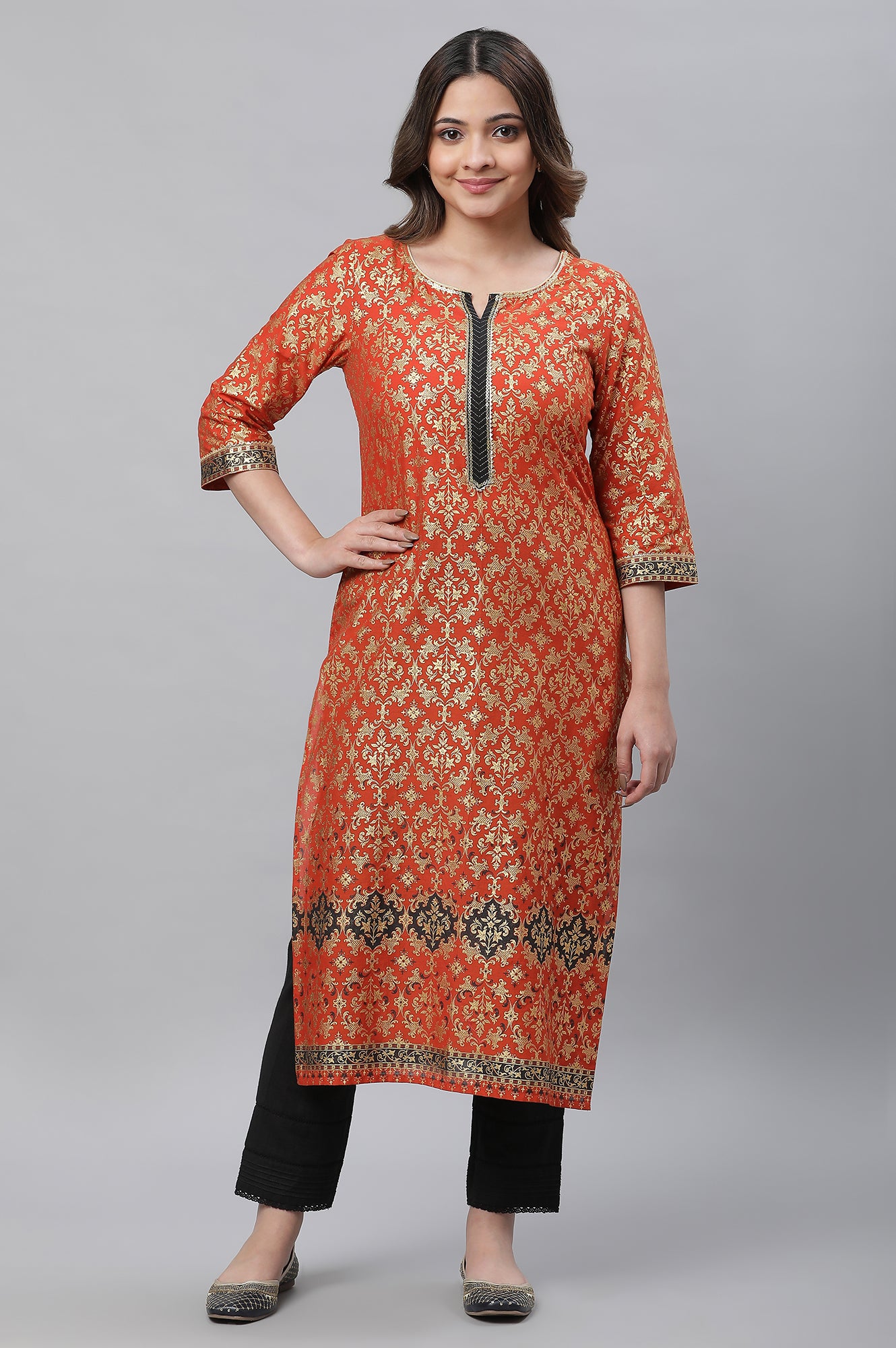 Orange Foil Printed Festive Kurta