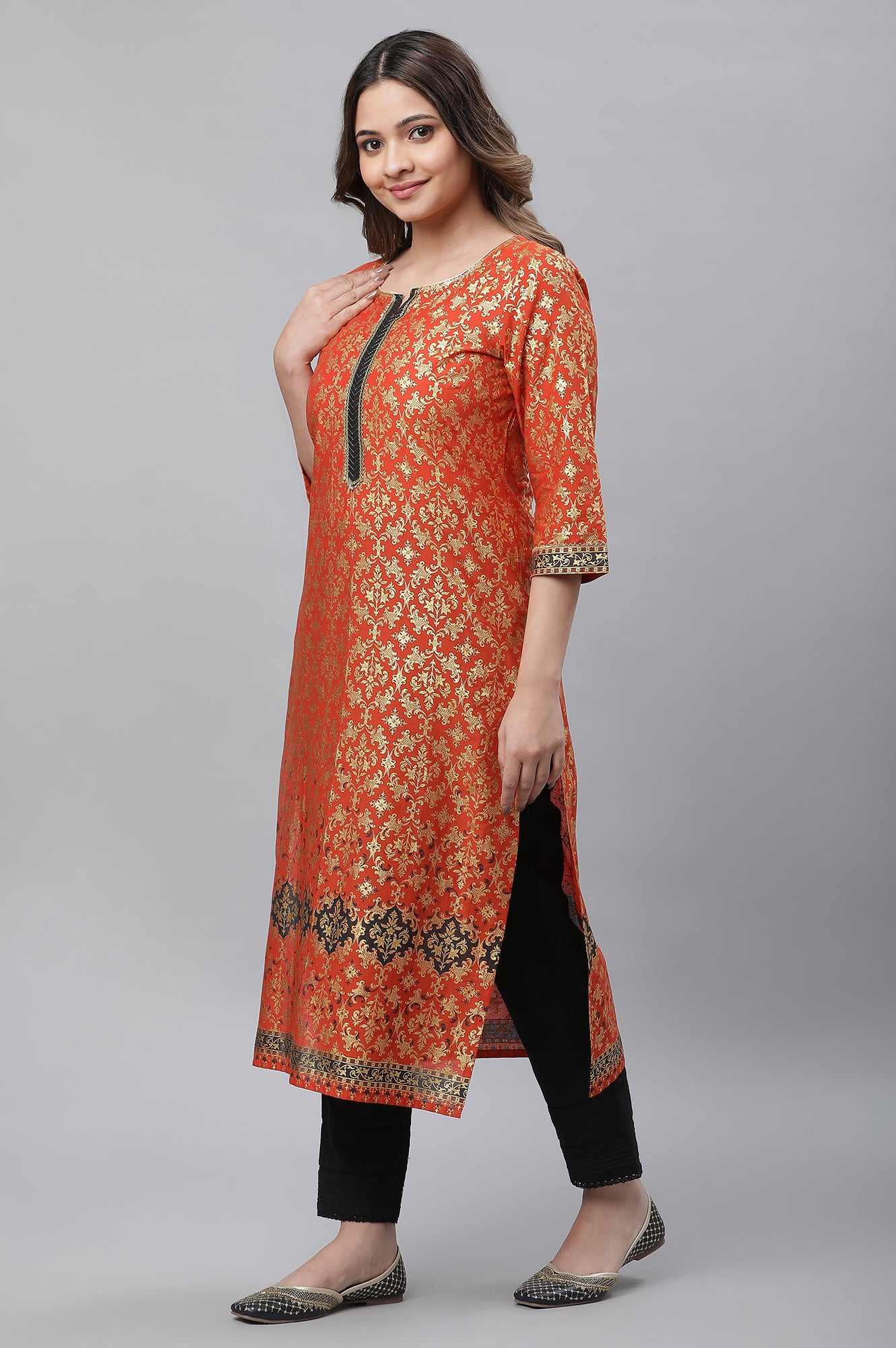 Orange Foil Printed Festive Kurta