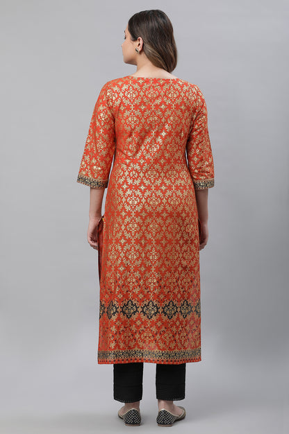 Orange Foil Printed Festive Kurta