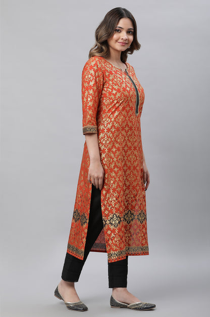 Orange Foil Printed Festive Kurta