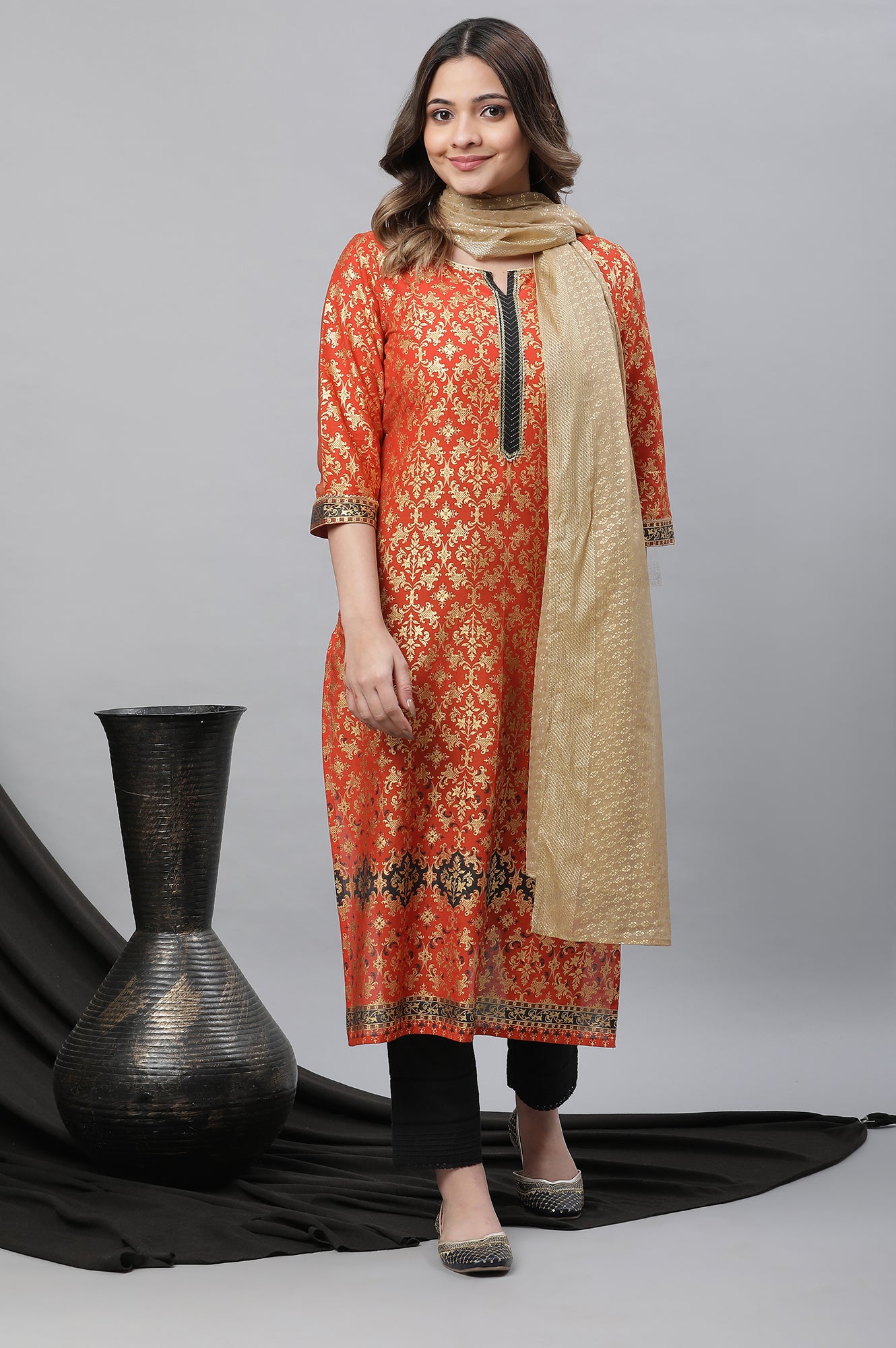 Orange Foil Printed Festive Kurta