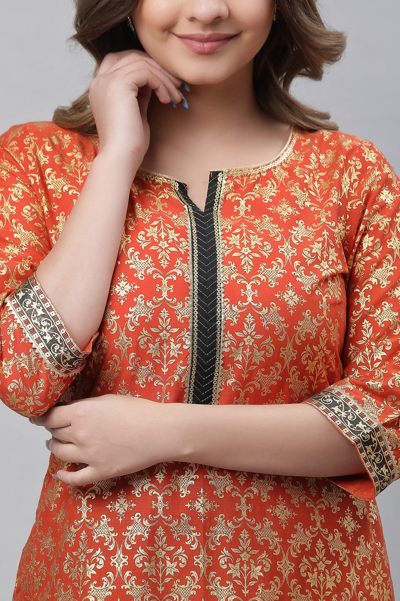 Orange Foil Printed Festive Kurta