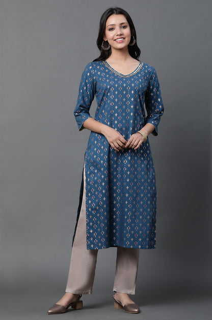 Blue Embellished Straight Kurta