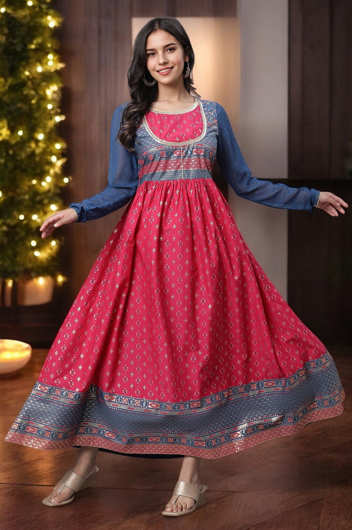 Red Yoke Foil Printed Straight Festive Kurta - XS