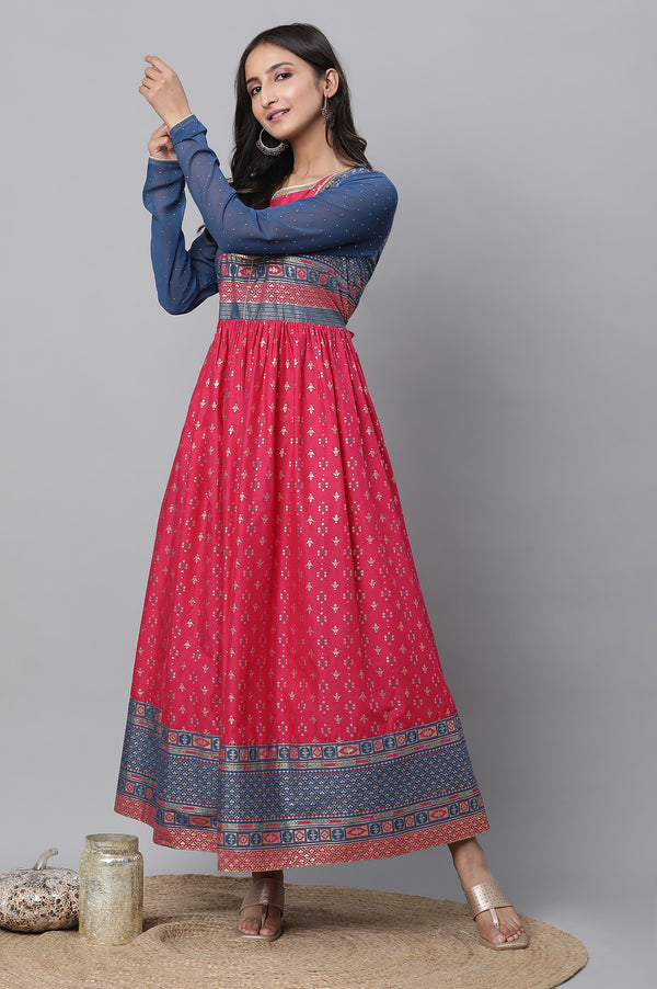 Red Yoke Foil Printed Straight Festive Kurta