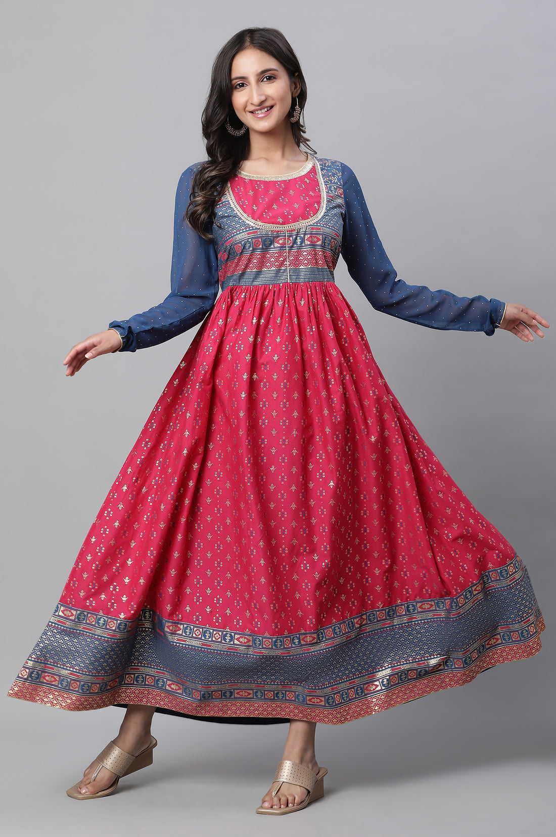 Red Yoke Foil Printed Straight Festive Kurta