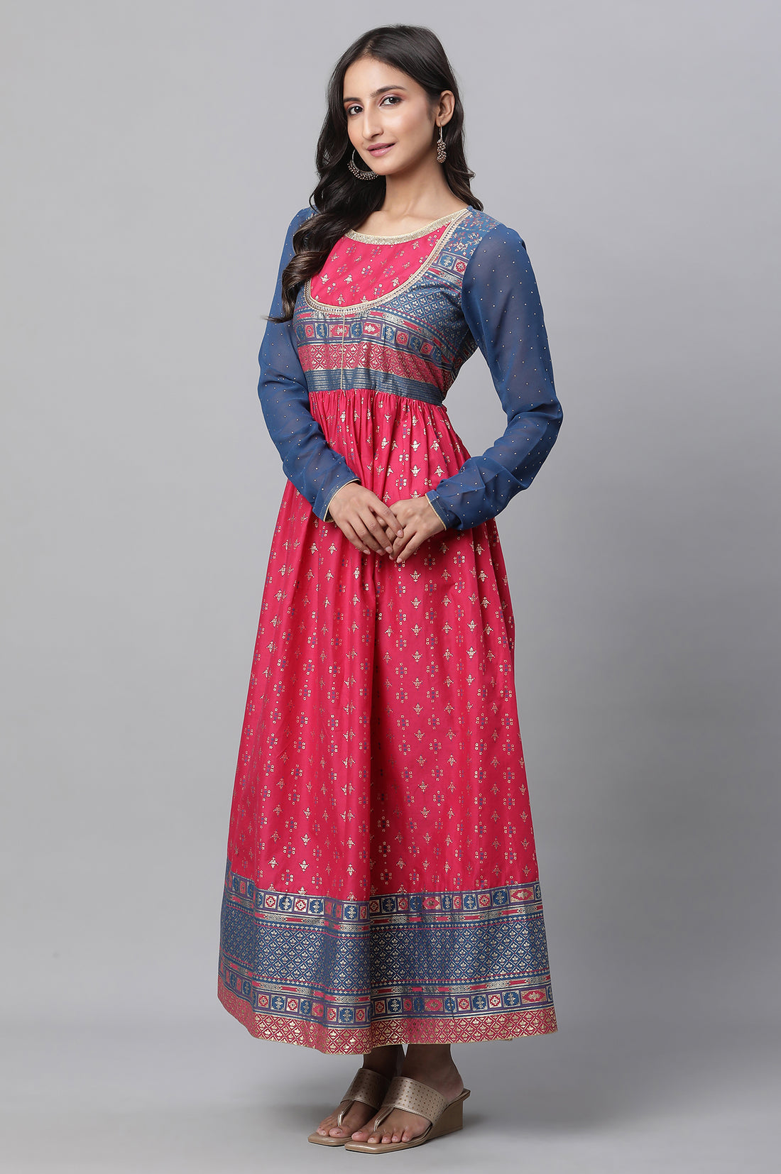 Red Yoke Foil Printed Straight Festive Kurta