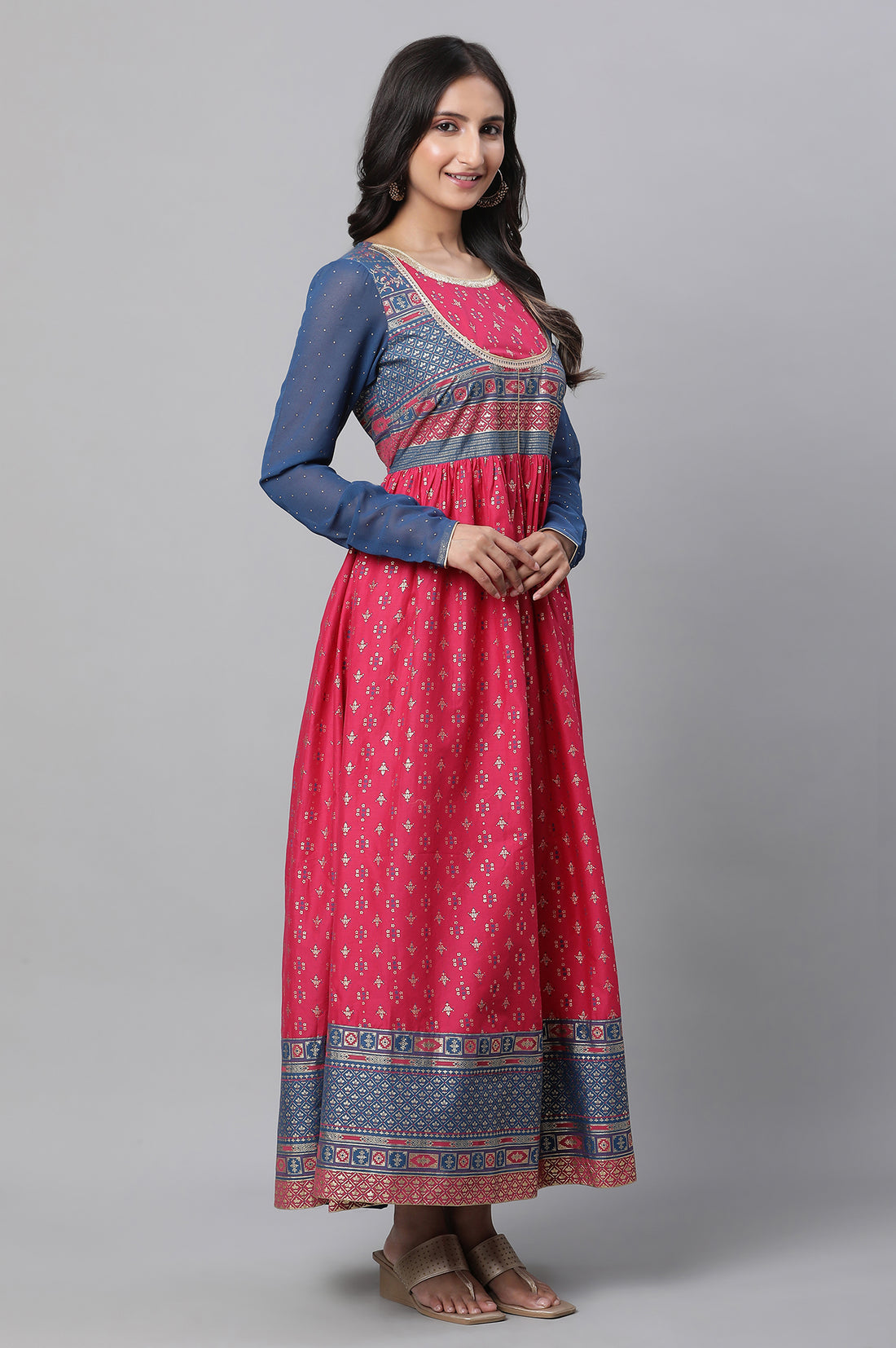 Red Yoke Foil Printed Straight Festive Kurta