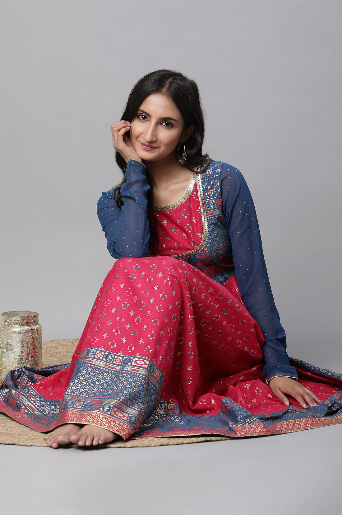 Red Yoke Foil Printed Straight Festive Kurta