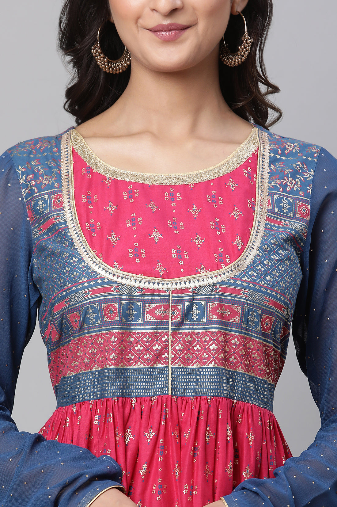 Red Yoke Foil Printed Straight Festive Kurta