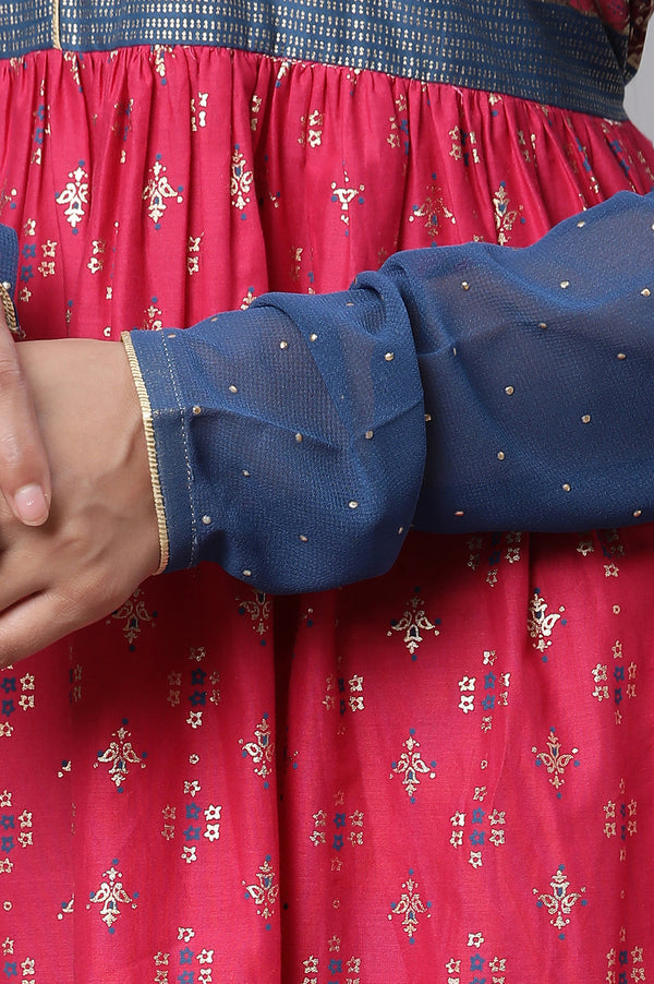 Red Yoke Foil Printed Straight Festive Kurta